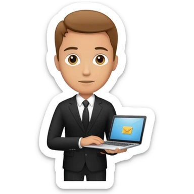 Businessman in a black business suit holding a laptop with PrimeCopy written on it sticker