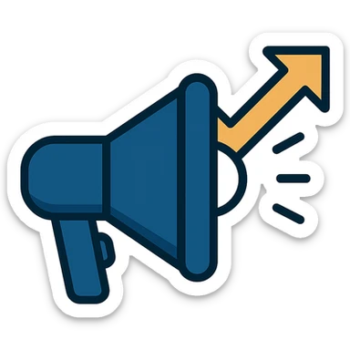 clean minimalist icon for advocacy consulting firm, stylized megaphone with rising arrow, navy blue white gold accents, symbolizes empowerment influence positive change sticker