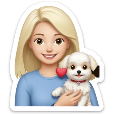 brunette woman and blonde long haired woman holding Maltese dog sticker