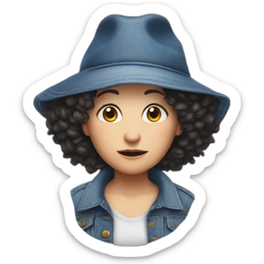 Susie Essman, annoyed, wearing denim and a ridiculous hat sticker