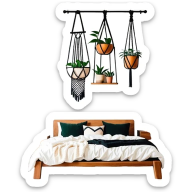 modern bohemian bedroom with monstera plants, hanging planters, macrame wall art, and wooden furniture sticker