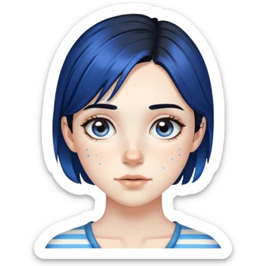 Pale girl with freckles and brown eyes, black hair, with two strips of blue hair sticker