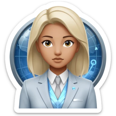 Artemis, A sleek female avatar with a focused, forensic gaze, wearing a minimalist white and silver tailored suit accented with moonlight blue. She is analyzing a transparent holographic interface displaying complex global sovereign credit data. sticker
