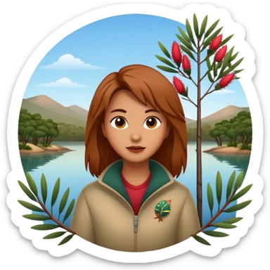 The word "Oldina" surrounded by trees and a lake and some native australian bottle brush branches  sticker