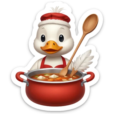 A duck wearing red apron stirring soup in a small pot, looking very focused. sticker