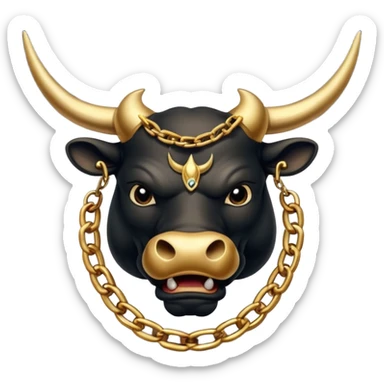 The emoji is an angry black powerful bull with steam coming out of its nose and a gold chain hanging from its neck with the inscription "bull run" sticker