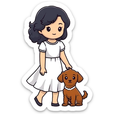 beautiful girl with long black hair in a white dress holding a small brown curly-haired dog sticker