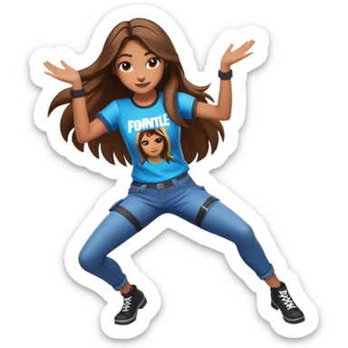Girl with long brown hair dancing with Fortnite shirt sticker