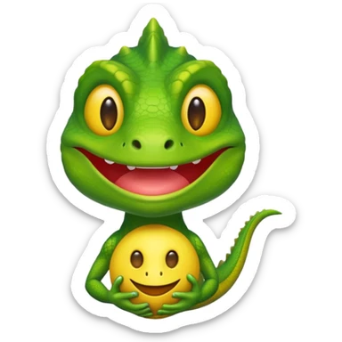 a melancholy lizard holding a bright yellow smiling emoji mask sticker