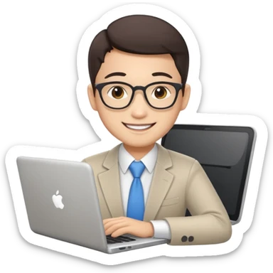 Asian accountant smiling with a laptop sticker