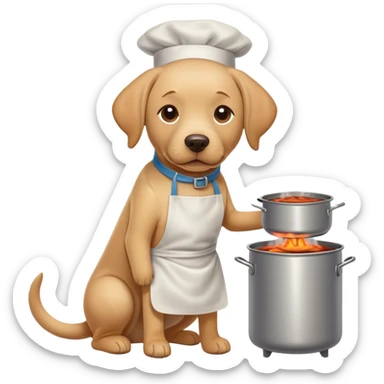 Labrador Retriever with apron standing over a hot stove with boiling pots  sticker