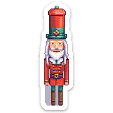 profile picture of a nutcracker toy, minimalist human, blocky and geometric, white hair, visible teeth, classic nutcracker hat sticker