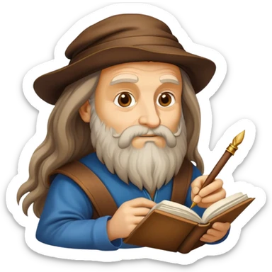 cinematic-realistic-leonardo-da-vinci-portrait-emoji,-depicted-as-the-quintessential-renaissance-polymath-with-deep,-thoughtful-eyes,-a-flowing-beard,-and-a-quill-or-sketchbook-in-hand.-the-scene-is-illuminated-with-warm,-classical-light sticker