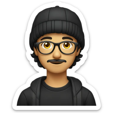 a light skin Pakistani teenager, wearing round glasses, short moustache, black hair, black jumper/sweater, structured manly face, yellow brimless cap sticker