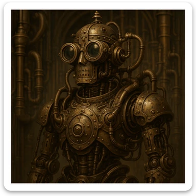 steampunk robot with goggles and pipes, metallic, intricate details, Victorian style sticker