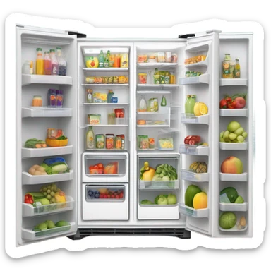 A white double door fridge with both doors open. Inside it has shelves with fruit and vegetables in organized containers. Also clear bottles filled with juices that is organized sticker