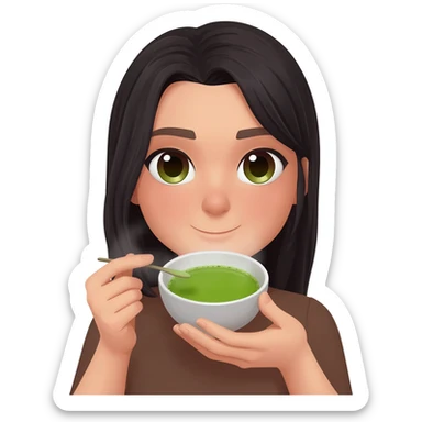 woman drink matcha black long hair green and brown eyes sticker