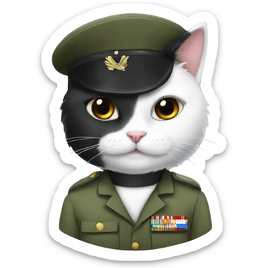 White and black cat in military uniform sticker
