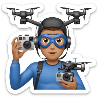 Super hero photographe, gopro sur la tête, masque fpv sur les yeux. Un drone à côté de lui. Il tiens un appareil photo reflex. sticker