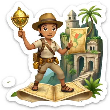 An icon featuring an adventurer in a dynamic action pose with treasure map, ancient ruins and jungle landscapes in the background. The design includes clues, hidden passages and climbing gear, symbolizing the thrill of exploration and discovery. Transparent background. sticker