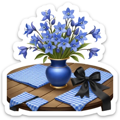 A lush bouquet of bright blue color bluebell black satin ribbon, resting on an antique wooden table, with a pale yellow and pink plaid pattern table cloth sticker
