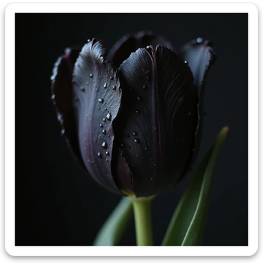 realistic goth tulip with black petals and dewdrops, photorealistic style sticker