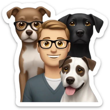 white man short Brown Hair and glasses with a black lab and a grey Pitbull dog sticker