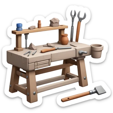 Cinematic Realistic image of a workbench set with a lump of pliable clay and artisanal sculpting tools, rendered with finely detailed textures that reveal subtle clay particles and well-worn tool surfaces, bathed in warm, focused studio lighting sticker