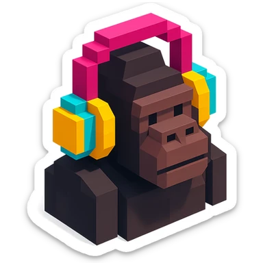 voxel style gorilla wearing large over-ear headphones, isometric view sticker