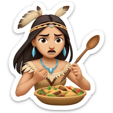 Cinematic Funny Pocahontas Portrait Emoji, Looking bewildered as Meeko steals her food, one brow raised in playful frustration, a warrior princess caught in a hilariously relatable moment, wild yet endearing! sticker