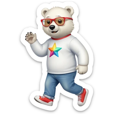 friendly anthropomorphised polar bear walking, excited expression, wearing shirt, jeans, trainers, oversized colorful star glasses sticker