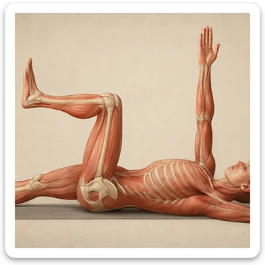 Anatomically hyperrealistic 4K side view of a man in dead bug position with the arm on the ground fully extended above the head, straight, showing pelvis and spine bones, translucent muscles and skin, medical atmosphere, realistic anatomical details. Variant 9, slightly change the position of the head and legs. sticker