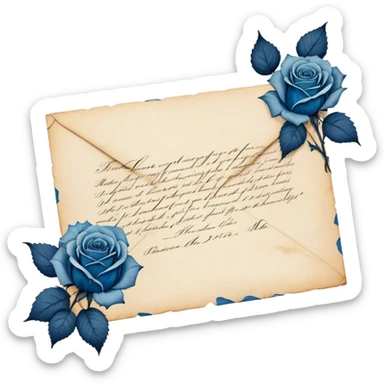 An antique handwritten letter with dried light blue roses and a navy wax seal, vintage aesthetic. sticker