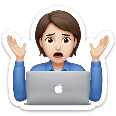 An overwhelmed office worker at a MacBook, eyes wide open, mouth agape, sweat drops flying, hands on head in panic, with white skin and brown hair sticker