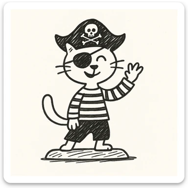 Add an eyepatch to the pirate cat waving, in the style of doodle (notion style hand drawn doodles). Keep the doodle style. sticker