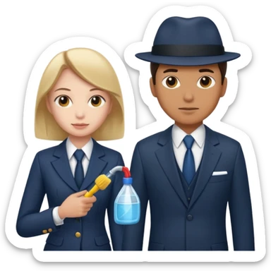 detective man interviewing cleaning girl  sticker