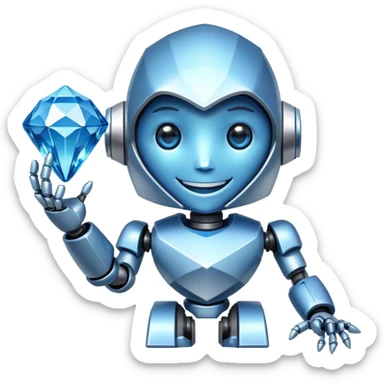 smiling robot holding a large blue diamond sticker