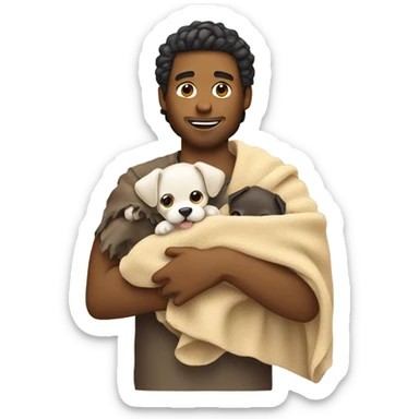Guy holding a puppy warring a blanket sticker
