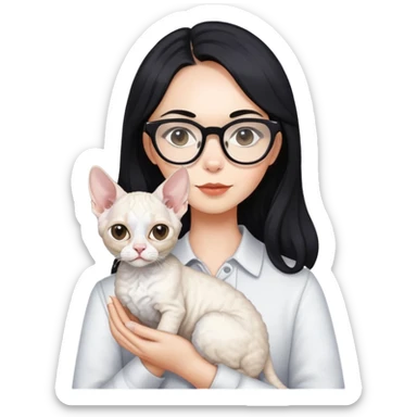 A girl with long black hair and glasses is holding a white Devon Rex sticker