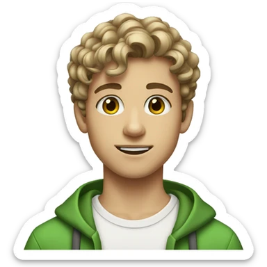 A 16 year old boy with dark blonde curls green eyes and a short beard sticker