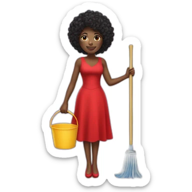 pretty black lady in a red dress holding a bucket and a mop sticker