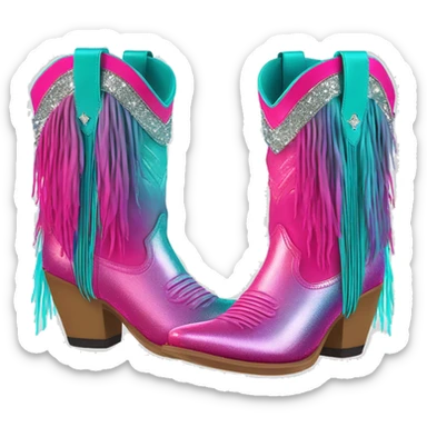 Realistic hot pink to teal ombre pair of fashion cowgirl boots with sparkly shiny glitter fringe on them. sticker