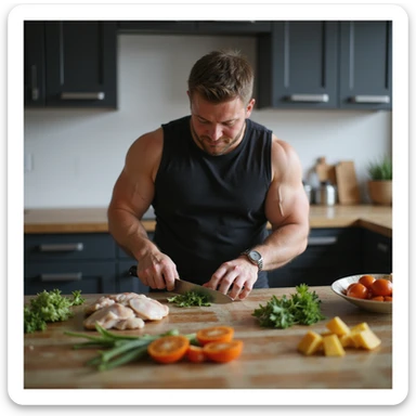 athletic man preparing healthy meal in kitchen, chopping vegetables and chicken, positive motivational atmosphere, hyperrealistic 4K details, modern tidy kitchen sticker