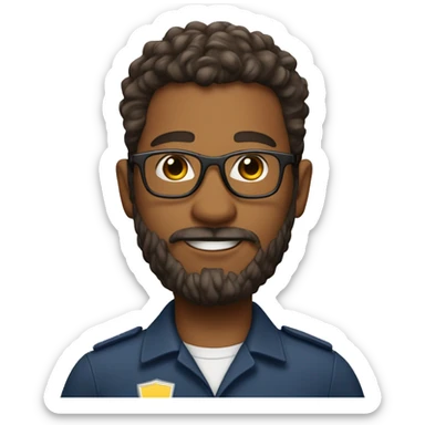 traffic instructor with medium brown skin, a beard, fade haircut on the sides with curly hair on top, and wearing glasses sticker