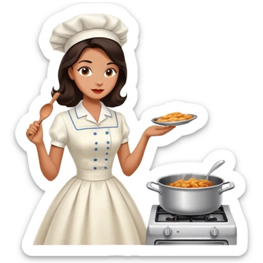 Beautiful woman in 1950’s woman fashion look, white dress, long dark brown hair, cooking sticker