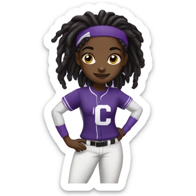 baseball card character. black girl. dread locs. letter C logo. Purple and white uniform.  sticker