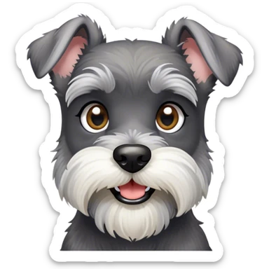 Cinematic Cute Miniature Schnauzer Portrait Emoji, Head cheerfully cocked with expressive, twinkling eyes and a neatly trimmed, adorable salt-and-pepper fur, simplified yet endearingly detailed, glowing with a bright, friendly radiance, high shine, exuding smart and spunky charm, styled with a delicate, whimsical outline, capturing the essence of a cute Miniature Schnauzer that appears ready to scamper off the screen with delightful energy! sticker