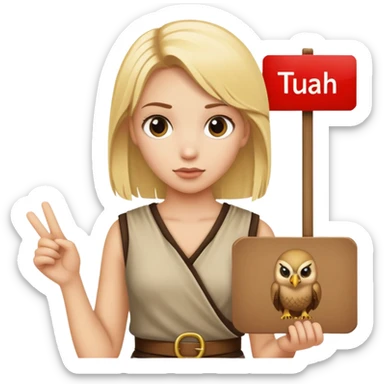 A blonde girl holding a sign that says hawk tuah sticker