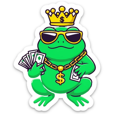 gangster frog king with gold crown, cool sunglasses, gold chain, money bag sticker