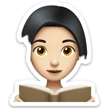 Girl with white skin and long black hair reading sticker
